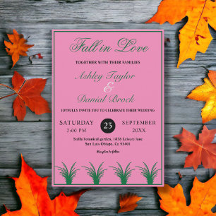 Convite Elegante Casamento outono Rosa-Rosa-Grama Verde-El