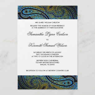Convite Elegante Casamento Paisley Pavão Azul Real