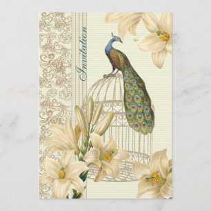 Convite elegante casamento pavão floral lírio branco Vinta