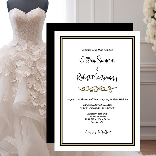 Convite Elegante Casamento Preto e Branco com Dourado (Elegant Black & White With Gold Wedding Invitation)