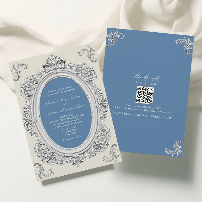 Convite Elegante Casamento Rococó em Azul Poeirento (Criador carregado)