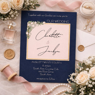Convite Elegante Casamento Romântico com Tulipas Rosa e Az