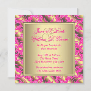 Convite Elegante Casamento Rosa Choque e Dourado