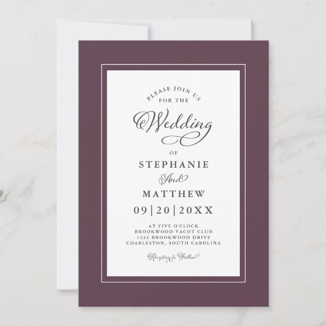 Convite Elegante Casamento Roxo e Branco Caligrafia Modern (Frente)