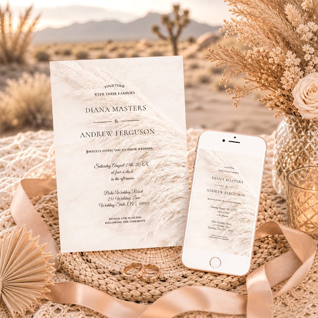 Convite Elegante Casamento Rústico Boho com Grama Pampas (Criador carregado)
