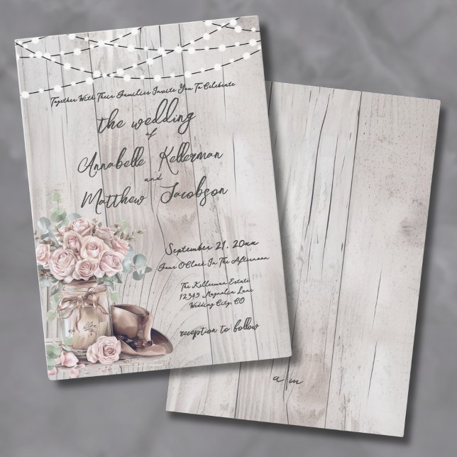 Convite Elegante Casamento Rústico de Madeira no Estilo We (Elegant Rustic Wood String Lights Country Wedding Invitation)