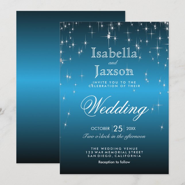 Convite Elegante Casamento sob a Noite Estrelada em Azul C (Frente/Verso)