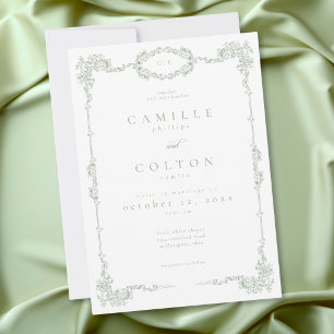 Convite Elegante Casamento Verde Sage Barroco Vintage