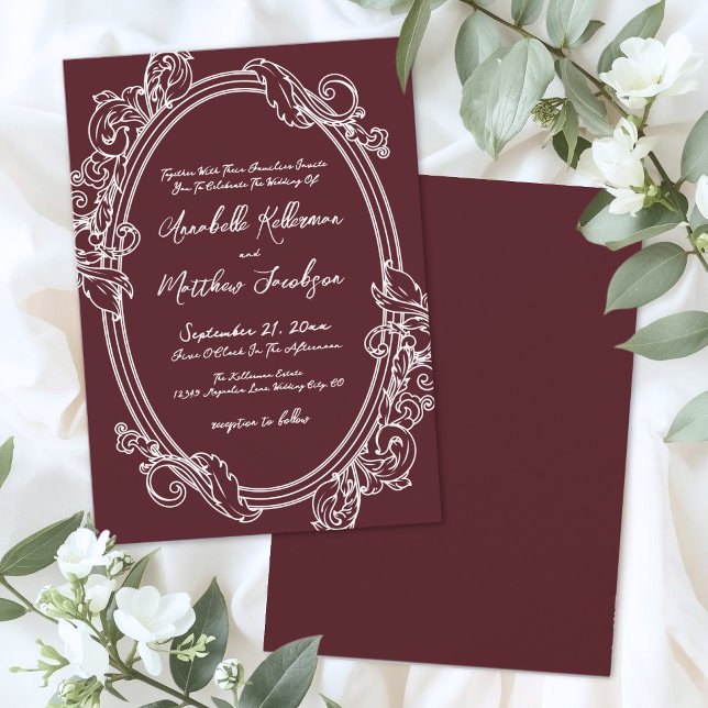 Convite Elegante Casamento Vintage Borgonha (Elegant Vintage Burgundy Wedding Invitation)