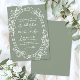 Convite Elegante Casamento Vintage em Verde Salvia