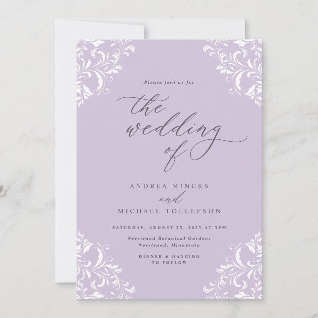 Convite Elegante Casamento Vintage Lavanda Roxo (Frente)