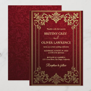 Convite Elegante Casamento Vintage Vermelho Borgonha e Dou