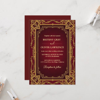 Convite Elegante Casamento Vintage Vermelho Borgonha e Dou