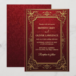 Convite Elegante Casamento Vintage Vermelho Borgonha e Dou