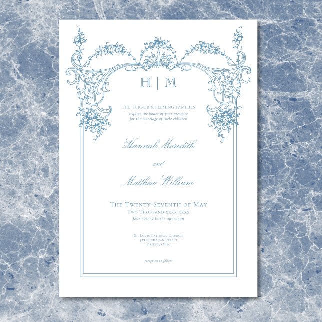 Convite Elegante Casamento Vitoriano em Azul Francês com C (Elegant French Blue Victorian Chinoiserie Wedding Invitation)