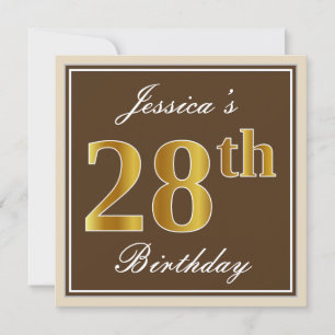 Convite Elegante, Castanho, Faux Dourado 28º Aniversário +