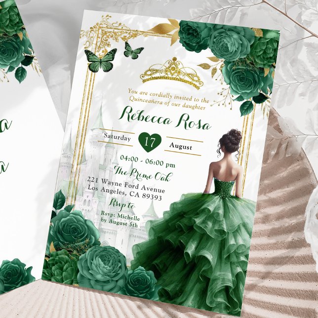 Convite Elegante Castelo Real Emerald Green Quinceañera (Criador carregado)