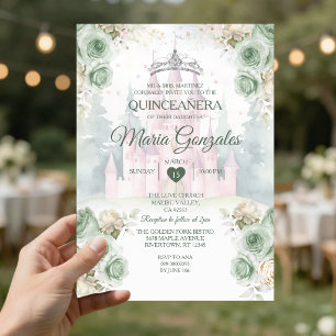 Convite Elegante Castelo Sage Verde Princesa Quinceañera