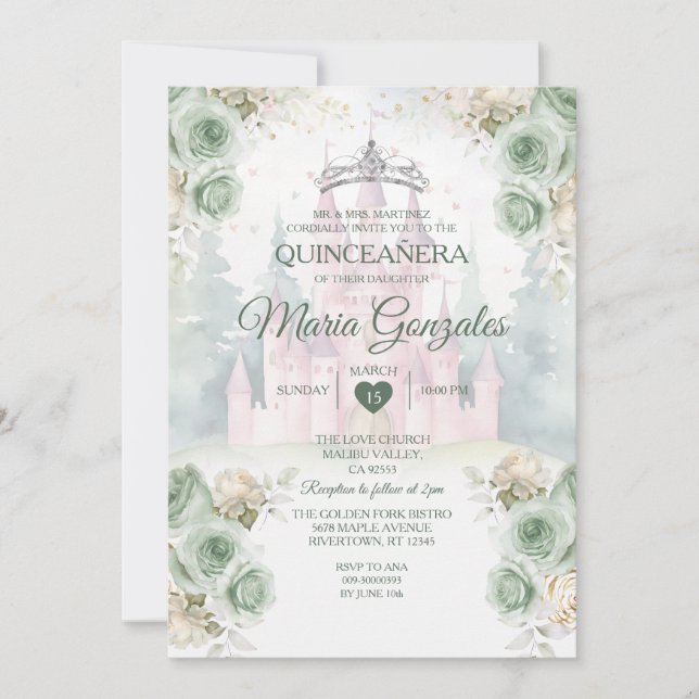Convite Elegante Castle Sage Green Princess Quinceañera (Frente)