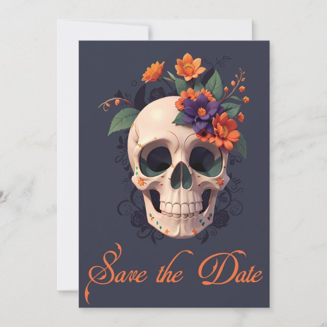 Convite Elegante Caveira Floral Gótica 3D Salve a Data  (Frente)