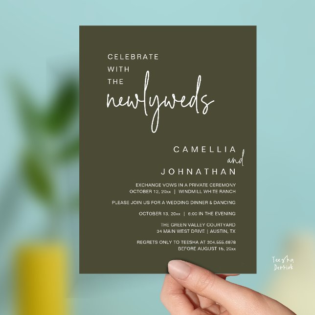 Convite Elegante Celebração da Festa de Casamento após a C (Elegant Wedding Party Post-Ceremony Celebration Invitation card in olive green)
