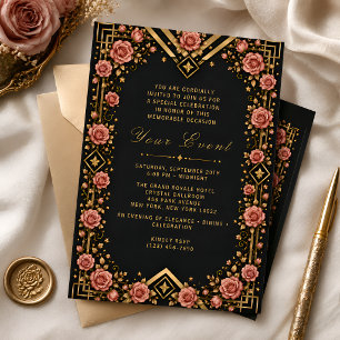 Convite Elegante Celebração da Rosa Gala em Preto e Dourad