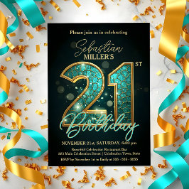 Convite Elegante Celebração de 21 Anos em Azul Turquesa e