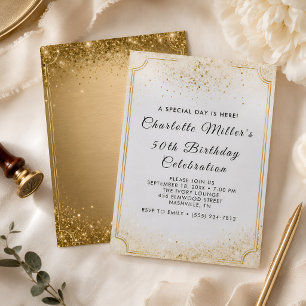 Convite Elegante Celebração de 50 Anos com Brilho Dourado
