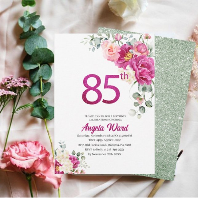 Convite Elegante celebração de aniversário  floral brilho  (Criador carregado)