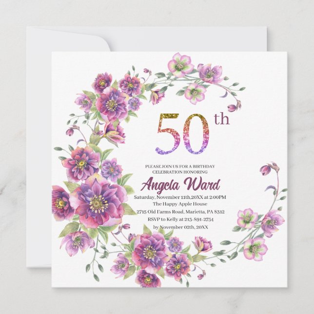 Convite Elegante celebração de aniversário  floral brilho  (Frente)