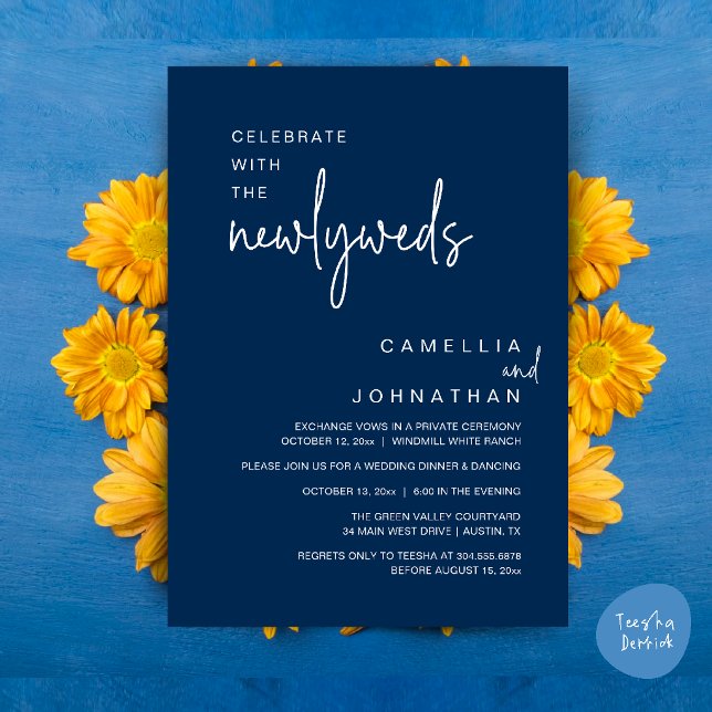 Convite Elegante Celebração de Casamento após a Cerimônia (Elegant Wedding Party Post-Ceremony Celebration Invitation card in navy blue)