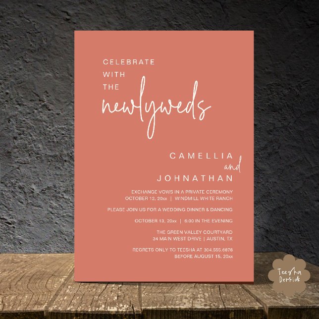 Convite Elegante Celebração de Casamento após a Cerimônia (Elegant Wedding Party Post-Ceremony Celebration Invitation card in terracotta rose)