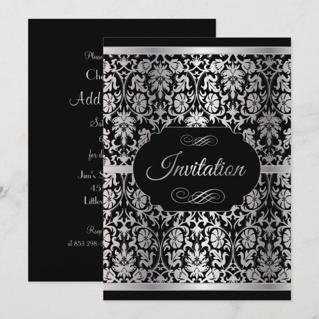 Convite Elegante Celebração de Festa Prata e Preto (Frente/Verso)