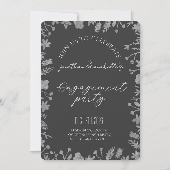 Convite Elegante Celebração de Noivado com Flor de Aquarel (Frente)