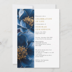 Convite Elegante celebração de vida em azul marinho floral