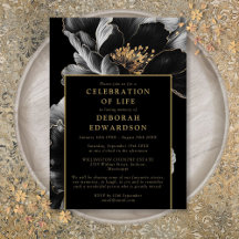 Elegante Celebração de Vida Floral Preta e Dourada