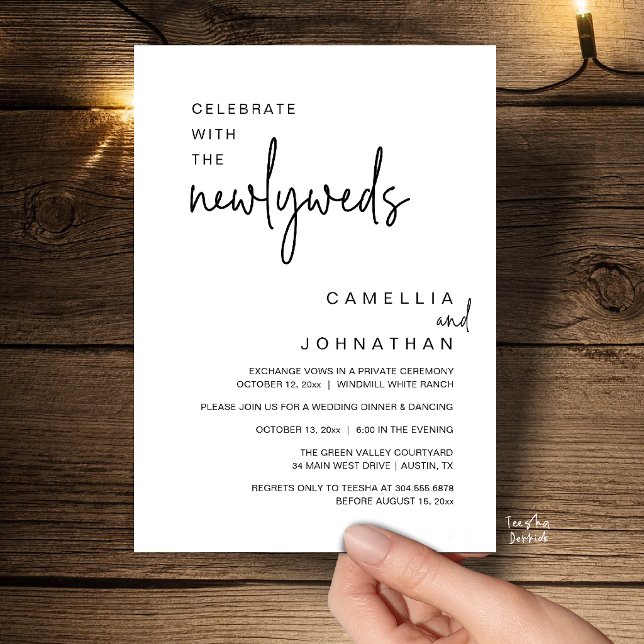 Convite Elegante Celebração do Casamento Após a Cerimônia (Elegant Wedding Party Post-Ceremony Celebration Invitation card in black and white)