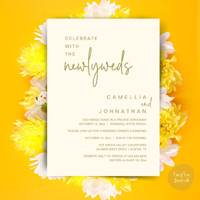 Convite Elegante Celebração do Casamento após a Cerimônia (Elegant Wedding Party Post-Ceremony Celebration Invitation card in yellow cream gold)