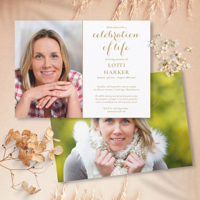 Convite Elegante Celebração Dourada do Funeral Life 2 Foto (Elegant Gold Celebration of Life Funeral 2 Photo Invitation)