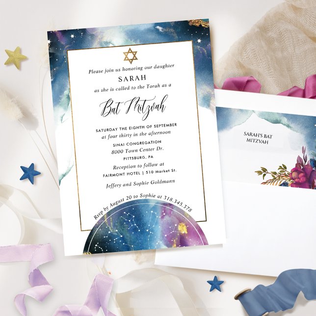 Convite Elegante Celestial Watercolor Bat Mitzvah (Criador carregado)