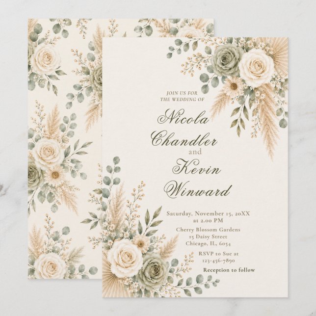 Convite Elegante Cerimônia Floral Neutra (Frente/Verso)
