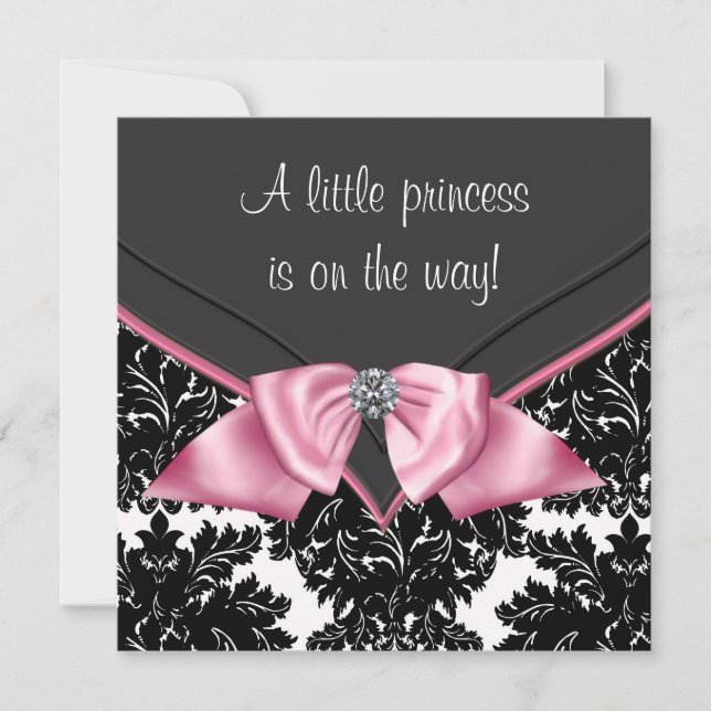 Convite Elegante Chá de Bebê Princesa em Damasco Preto (Frente)