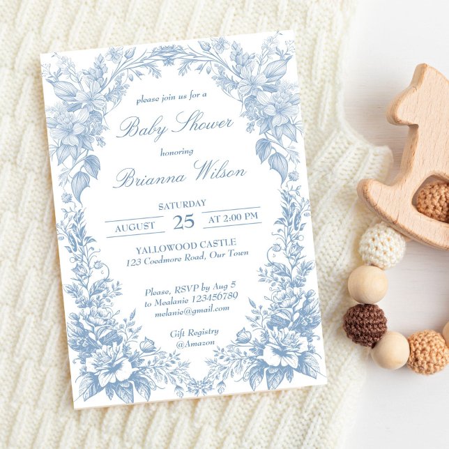 Convite Elegante chá de fraldas azul de galinha (Elegant French toile chinoiserie blue baby shower Invitation editable template boy baby shower)