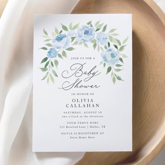 Convite Elegante Chá de fraldas azul Floral (Criador carregado)