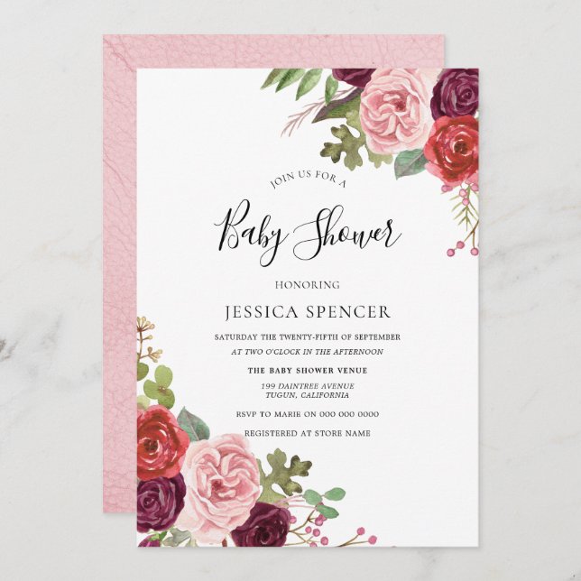 Convite Elegante Chá de fraldas Burgundy Blush Invite (Frente/Verso)