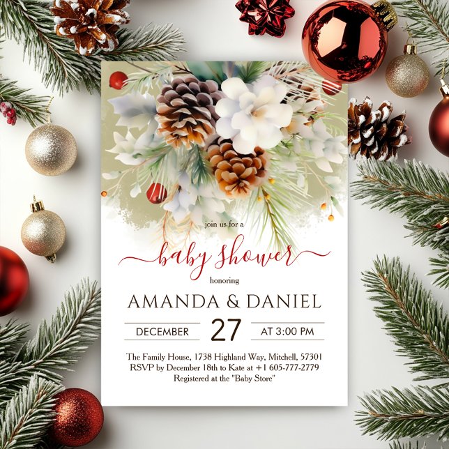Convite Elegante Chá de fraldas de Aquarela Evergreen Wint (Elegant Winter Evergreen Watercolor Baby Shower Invitation)