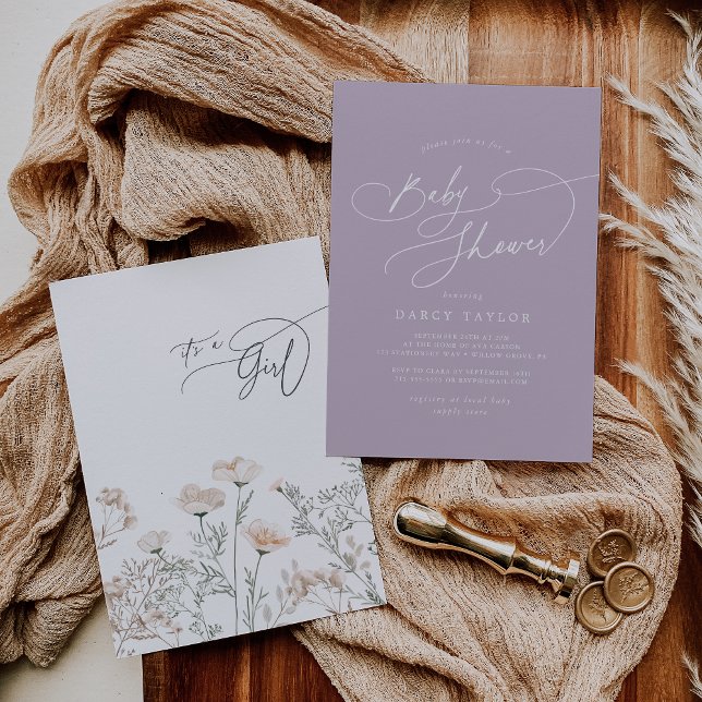 Convite Elegante Chá de fraldas de flor selvagem roxa (Elegant Charm Purple Wildflower Baby Shower Invitation)
