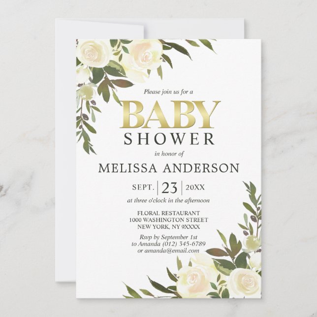 Convite Elegante Chá de fraldas de marfim rosa florido com (Frente)