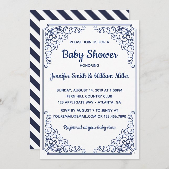 Convite Elegante Chá de fraldas de moldura azul (Frente/Verso)