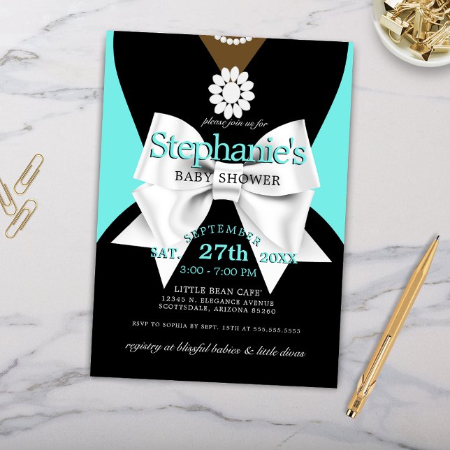 Convite Elegante Chá de fraldas de Tema Tiffany Étnica do  (Elegant Teal Aqua Blue Ethnic Tiffany Theme Baby Shower Invitation with Pearls and White Bow)